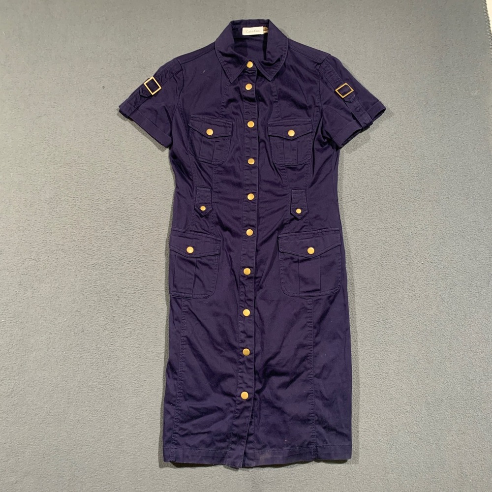 Calvin Klein Shirt Dress Womens 4 Navy Blue Utility Military Snap Gold Trim